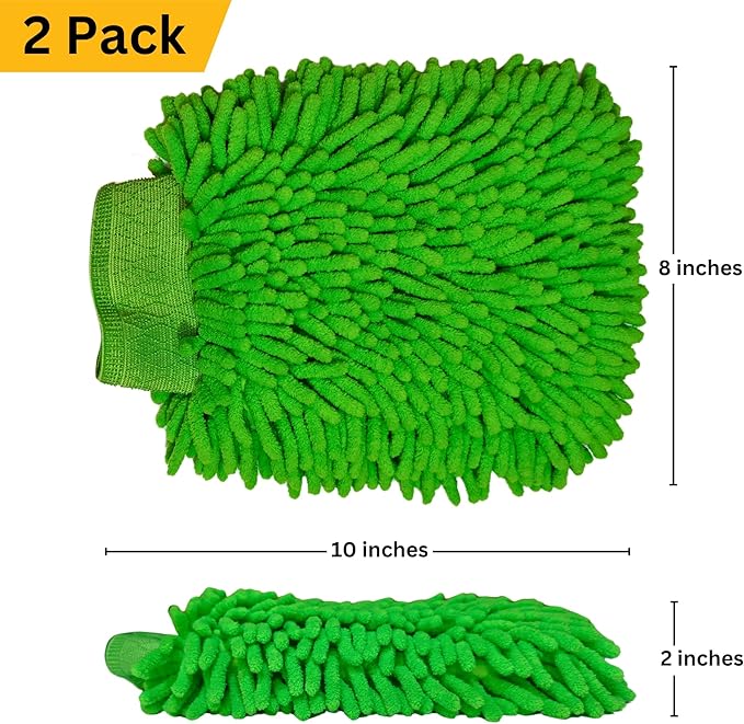 HI DETAIL Chenille Microfiber Car Wash Mitt 2 Pack, Premium Super Absorbent Scratch Free Car Wash Brush, Green 10" x 8"
