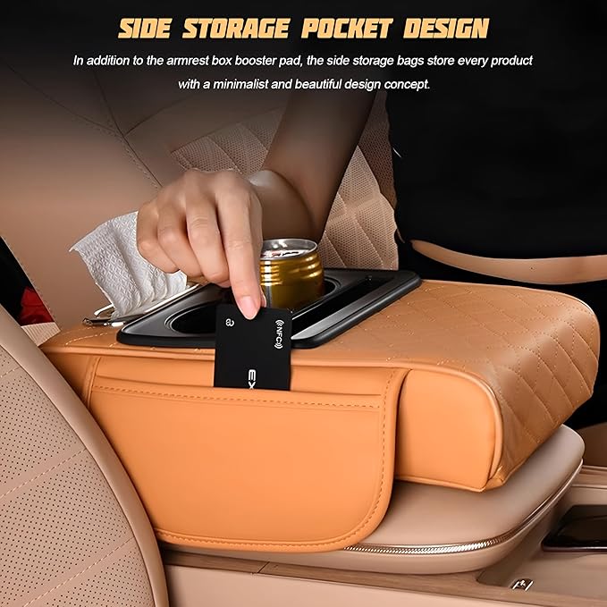 Zpana Car Center Console Armrest Pillow, Memory Foam Leather 4 in 1 Vehicle Arm Rest Cover with Tissue Box 2 Side Storage Bag Cup & Phone Holder, Auto Armrest Cushion, Universal Fit (Brown)