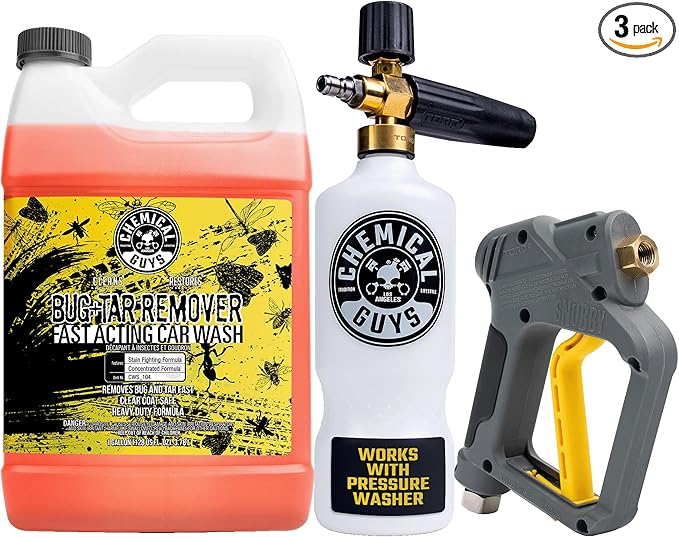 Chemical Guys CWS_104CS Foam Cannon & Snubby Snow Foam Kit - Bug and Tar Remover Car Wash Soap, 128 fl oz + TORQ Foam Cannon Max 8 & Snubby Spray Foam Gun, for Pressure Washer - 3 Items