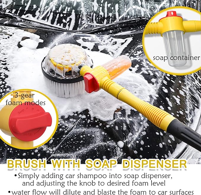 Automatic Rotating Car Wash Brush with Soap Dispenser, Soft Chenille Car Washing Brush Spin Mop Garden Hose Brush Foam Spray Gun Exterior Car Cleaning Brush Kit (Detachable Long Handle)