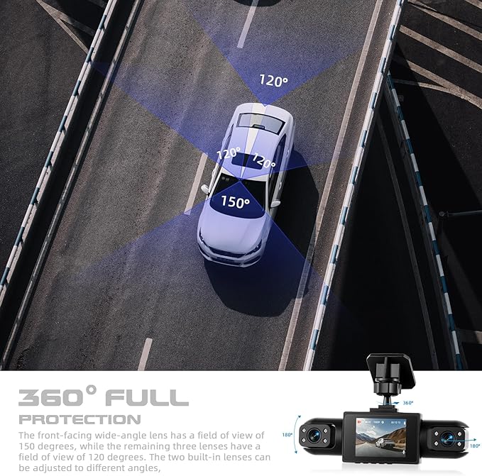 Dash Cam Front and Rear, 1080P Dash Camera for Cars, 4 Channel Car Camera Front Rear and Inside with Loop Recording, Night Vision, HDR, 24Hr Parking, G-Sensor, Night Vision