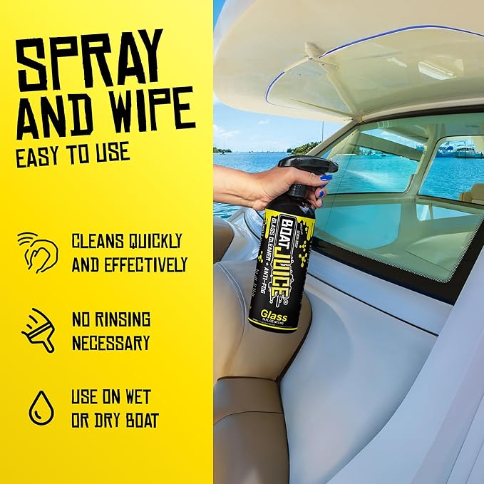 Boat Juice 2in1 Glass Cleaner & Anti-Fog Spray | Streak-Free for Boat Windshields, Car & RV Windows, Navigation Screens | No Rinse | Ammonia-Free | Lemon Drop Scent | Made in USA | 16oz