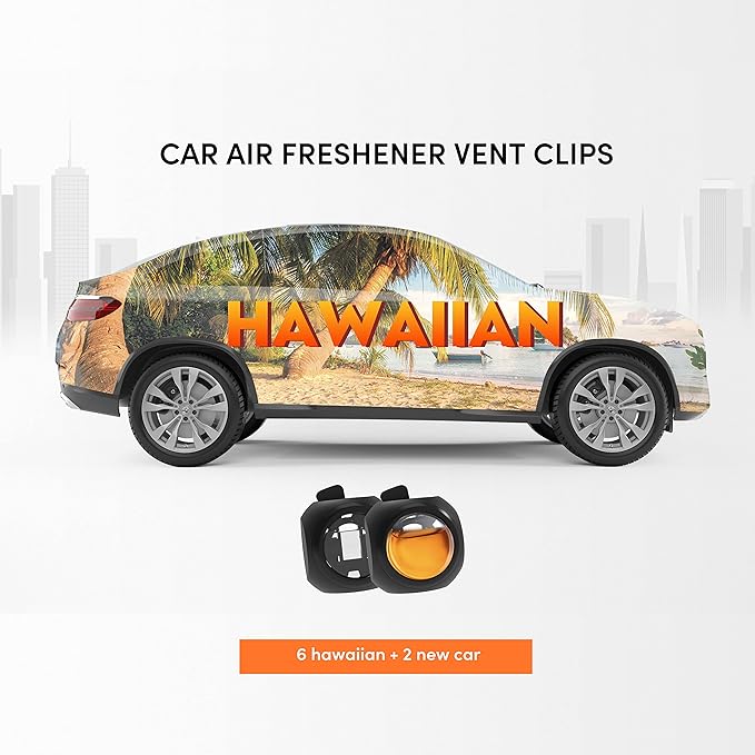 DRIVEJOY Car Air Freshener Vent Clips, 8 PK, 6 Hawaiian, 2 New Car, Car Fresheners for Men Women, Up to 240 Days, Natural Odor Eliminator