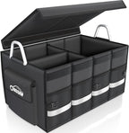 Oasser Trunk Organizer Cargo Organizer Trunk Storage Waterproof Collapsible Durable Multi Compartments with Foldable Hard Cover Aluminium Alloy Handle Reflective Strip (Large, Black)