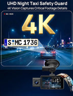 QCONTROL® Rideshare/Taxi True 4K 3-Channel Dash Cam Front and Rear Inside, 4K Front + 1080P IR Inside + 1080P Rear, 6G WiFi App, GPS Speed/Route Timestamp Overlay, 64GB Included