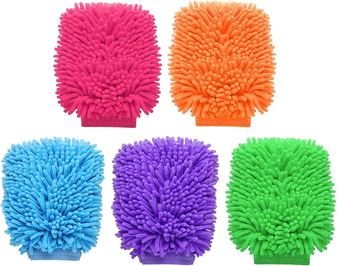HARFINGTON 5pcs Chenille Microfiber Car Wash Mitts 9" x 5.5" Scratch Free Wash Gloves Absorbent Double Sided Plush 5 Color Cleaning Drying Mitts for Car Washing Home Clean