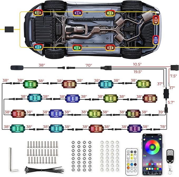 16 Pods 336 LEDs 5 Sides RGB Rock Lights, App/Remote Control Rock Lights for Trucks, Waterproof Multi-Color Bright Underglow Kits, Music Mode,Compatible with 12V Jeep UTV SUV ATV Golf RZR(Patented)