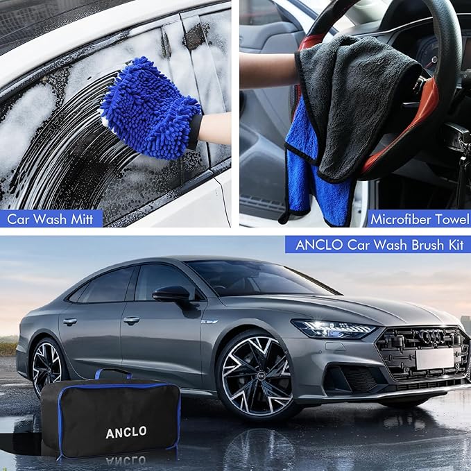 62'' Car Wash Brush with Long Handle, Scratch-Free Car Wash Mop Kit with Car Wash Bucket, Wheel Tire Brush, Wash Mitt Towel, Windshield Squeegee, Car Cleaning Brush Kit for Cars RV Truck Boat