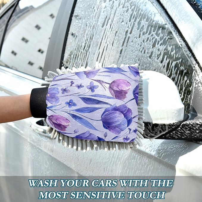 Kigai Purple Flowers Car Wash Mitt 2PCS Ultra Absorbent Chenille Microfiber Car Washing Glove Scratch Free Lint Free Wash Sponge Auto Cleaning Glove, 10.2x7.1 inch