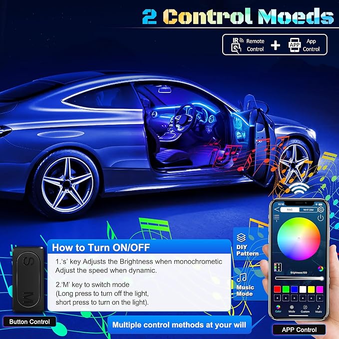 RGB Acrylic Interior Car LED Strip Light with Wireless APP, 10 in 1 with 175 inches 593 LEDs Neon LED Strip Light, 16 Million Colors Dynamic Music Sync Car Ambient Lighting Kits