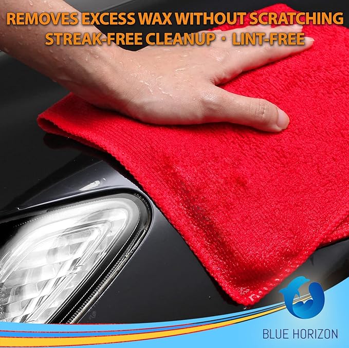 Blue Horizon Microfiber Cleaning Towels, Pack of 24, Ultra Soft Plush Washcloth, All Purpose Premium Microfiber Detailing Cleaning Cloths Reusable Shop Towels (16" x 16", Red)
