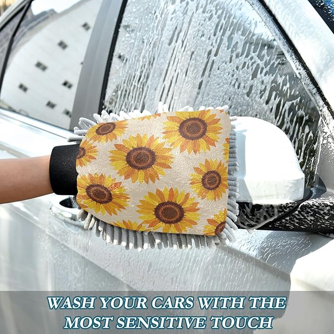 Qilmy Sunflower Seamless Fabric Microfiber Chenille Car Wash Sponge Scratch Free Car Wash Mitt Absorbent Mitt Sponge for Trucks SUVs Car Washing Home Cleaning, Medium