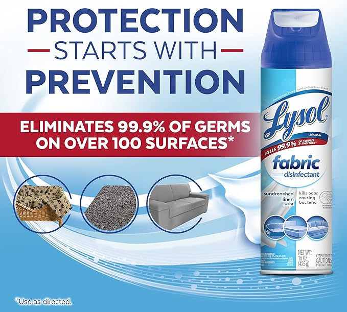 Lysol Fabric Disinfectant Spray, Sanitizing and Antibacterial Spray, For Disinfecting and Deodorizing Soft Furnishings, Sundrenched Linen 15 FL. Oz