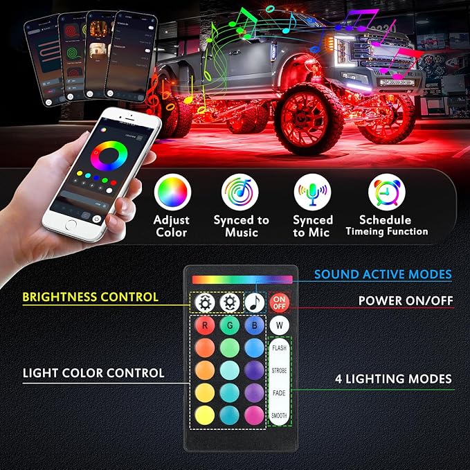 12 Pods RGB Rock Lights for Trucks,Multi Chasing Color App/Remote Control Led Rock Lights with Music Mode Underglow Kits for Cars Jeep UTV SUV ATV