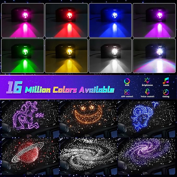 Car Starlight Headliner Kit, Twinkle & Sound Activated RGBW 16W 1100pcs*0.02in*9.8ft Fiber Optic Starlight Kit with APP& Remote Controlled, Star Lights for Ceiling Car Roof/Home Decor
