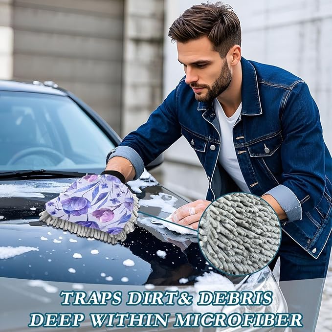 Kigai Purple Flowers Car Wash Mitt 2PCS Ultra Absorbent Chenille Microfiber Car Washing Glove Scratch Free Lint Free Wash Sponge Auto Cleaning Glove, 10.2x7.1 inch