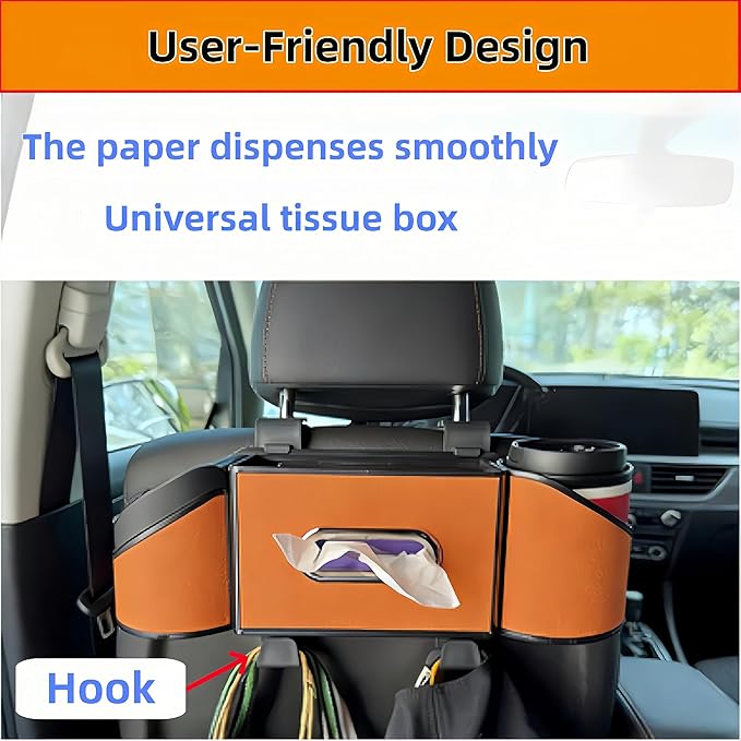 2026 Upgrade 4-in-1 Car Organizer Back Seat, Leather Multifunctional Car Organizer and Storage Box with Cup Holders for Hold Phone, Snacks, Drinks, Handbag, Keep Your Ride Clean & Organized (Orange)