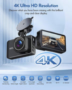 PGYIOO！Dash Cam, 4K Dash Cam Front and 2.5K Rear, Dash Camera for Cars with APP, 3" IPS Display Car Camera, 175°+160°Wide Angle, Night Vision, 24H Parking Mode, Loop Recording, 32GB Card