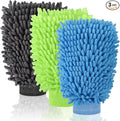 3 Pack Chenille Microfiber Car Wash Mitt, 7" x 9.6" Car Washing Mitts, Home Dusting Gloves, Scratch Free Lint-Free, Highly Absorbent, Double Sided, for Cleaning Detailing Polish (Blue,Green,Grey)