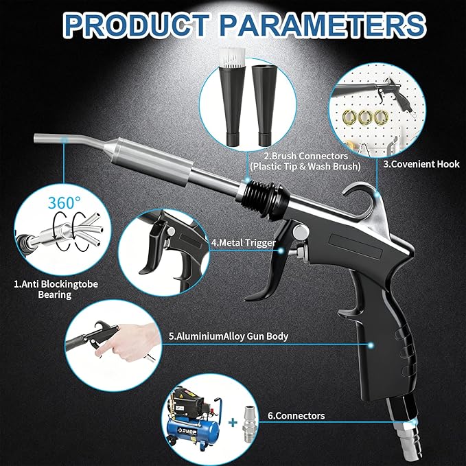 Detailing Car Cleaning Gun Interior Dryer Air Blow Gun, High Pressure Blower Gun with 5 Pcs Brushes for Auto Carpet Seats Dashboard Console Cleaning