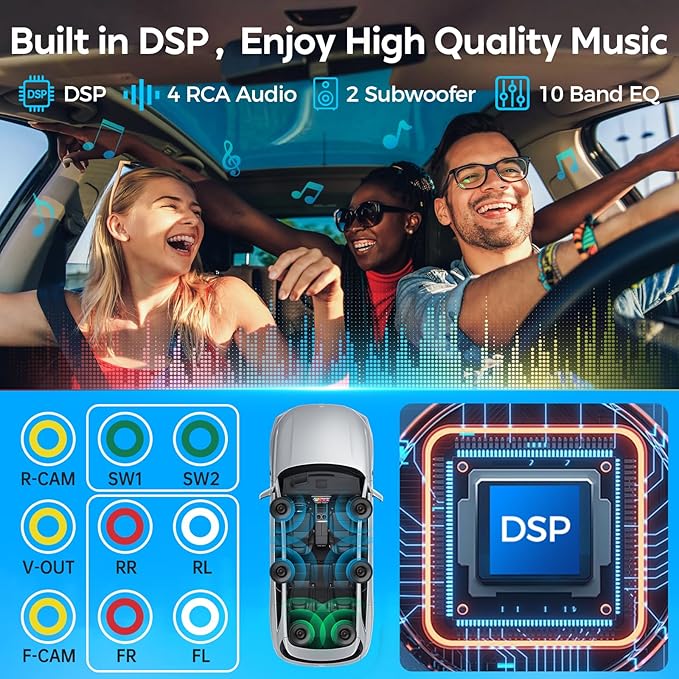 10.1" QLED Double Din Car Stereo with Wireless Carplay & Android Auto, Music Sync Luminous Bar, SWC, Bluetooth, Backup Camera, 240W, Dual Subwoofer Output, Car Radio, Navigation, FM/AM