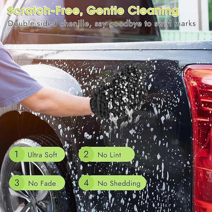 3 Pack Chenille Microfiber Car Wash Mitt, 7" x 9.6" Car Washing Mitts, Home Dusting Gloves, Scratch Free Lint-Free, Highly Absorbent, Double Sided, for Cleaning Detailing Polish (Grey)