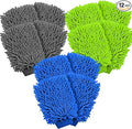 12 Pcs Car Wash Mitts, Scratch-Free Microfiber Chenille Glove Mitts for Auto Detailing, Lint-Free and Highly Absorbent, Double-Sided Plush Mitts in Green Blue Gray, 10.2 x 7.5 Inch
