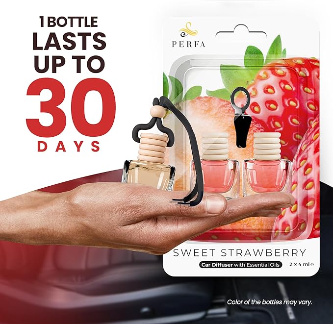 Strawberry Vanilla Car Air Freshener | Hanging Car Freshener with Vent Clip | Long Lasting, Slow-Release Aroma Technology, Adjustable Scent Intensity | Scented Automotive Accessories by Perfa