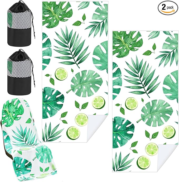 Hahafelt 2 Pack Car Seat Towel Covers with Storage Bag, 63 x 32 Inch Universal Non Slip Waterproof Sweat Protector for Car Truck, Gym Swimming Running, Machine Washable (Monstera Lime)