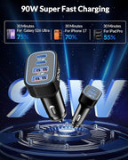 90W 4-Port USB C Super Fast Car Charger for Samsung Galaxy S26/S25/S24/S23/S22 Ultra, iPhone 17/16/15 Pro Max, Android, Type C Fast Charging Car Phone Charger Adapter Accessories + 3FT USB-C Cable