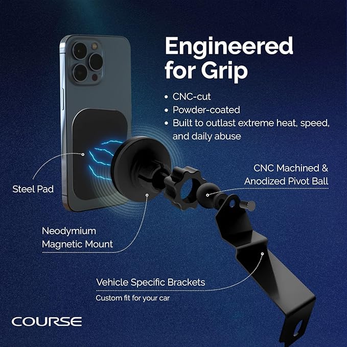 Course Motorsports Direct Fit Phone Mount | MagSafe Compatible | Magnetic Non Charging Head | Car Phone Holder | Compatible with Jeep Wrangler Gladiator Rubicon (2018+)