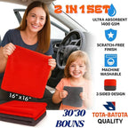 Microfiber Car Towel with Twisting Yarn,1400GSM Ultra Absorbent,16" BY16, Scratch-Free, Machine Washable, Bonus 30x30cm Towel Durable for Him/Her (Red/Gray)