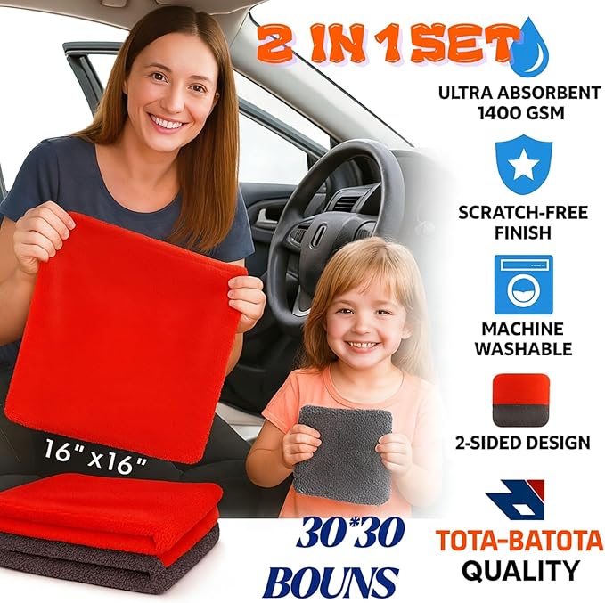 Microfiber Car Towel with Twisting Yarn,1400GSM Ultra Absorbent,16" BY16, Scratch-Free, Machine Washable, Bonus 30x30cm Towel Durable for Him/Her (Red/Gray)