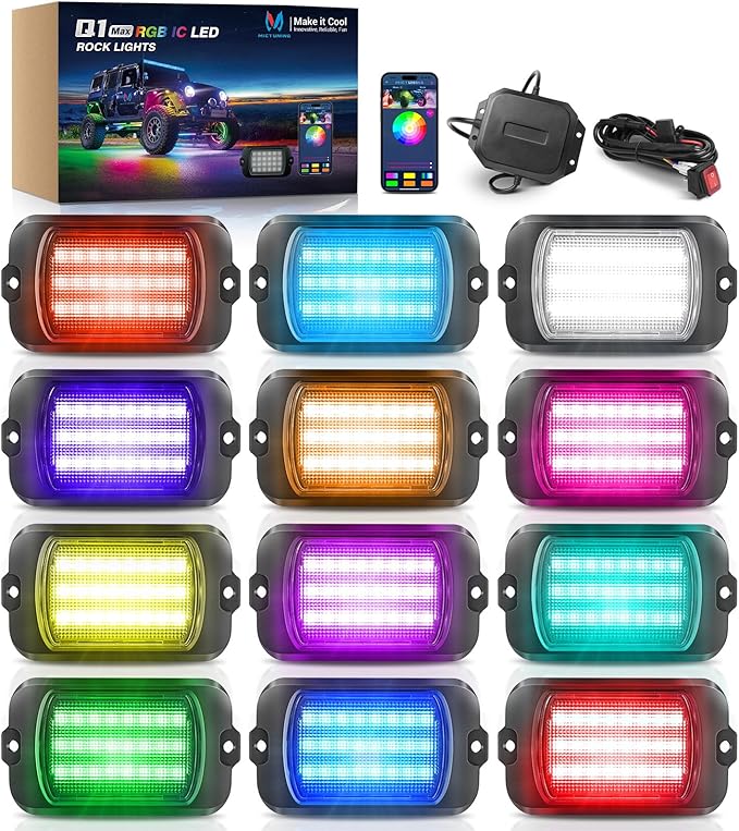 MICTUNING Q1 MAX RGB+IC Rock Lights 12 Pods Kit, 288 Beams 1000% Brighter Chasing Dreamcolor Underglow Neon Lights, APP Control Multicolor Extensible Underbody Lighting Kit for Truck ATV UTV Boat