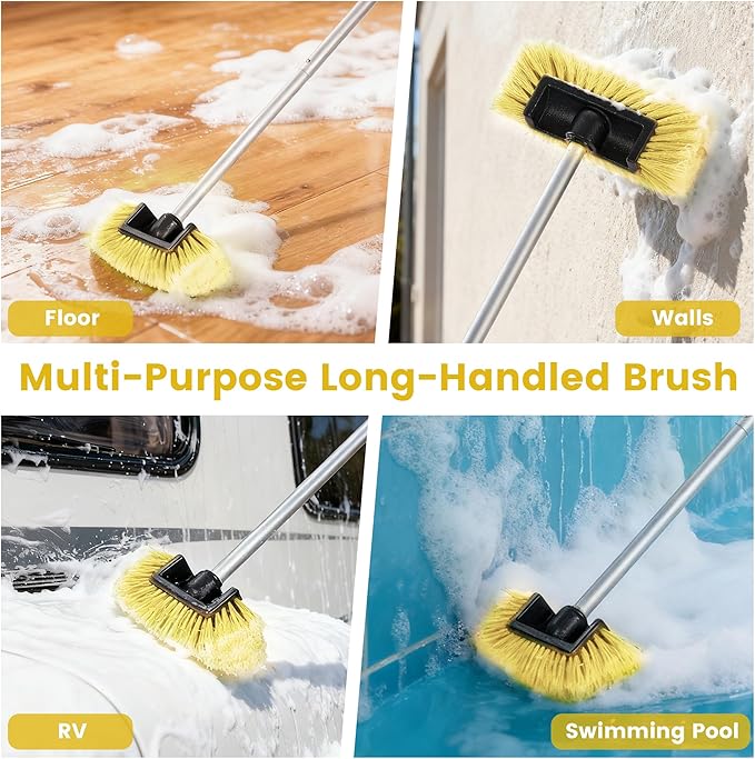 Car Wash Brush with Long Handle, 60'' Soft Bristle Cleaning Brush, Car Cleaning Brushes, Carwash Brushes for SUV, RV, Boat, Truck, House Siding, Sweep Snow, Yellow