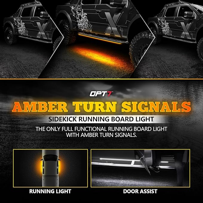 OPT7 Sidekick 86" Running Board Lights 2PCS LED Strips w/Amber Turn Signal Side Marker, DRL, White Courtesy Light for Extended Crew Cab Trucks Pickup Trailer - Truck Decorations