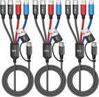 Travel 4 in 2 Charging Cable with Dual Type-C Port, USBA/C Multi Charging Cable Cords for Multiple Devices, Multiple Phone Charger Cord for iPhone17-8, Android, iPad, Car Accessories (3Packs 5FT)