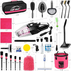 AUTODECO 41Pcs Car Cleaning Wash Kit Interior Detailing Cleaner Kit with High Power Handheld Vacuum, Collapsible Bucket, Windshield Tool, Snow Shovel, Tire Brush, Complete Car Care Tools, Pink
