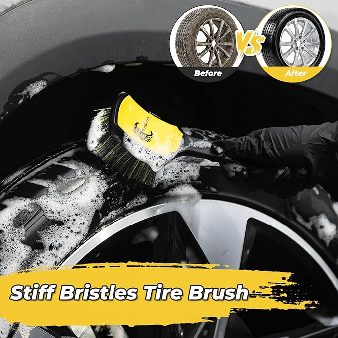 Wheel and Tire Brush Detailing Kit, Soft Rim Brush & Stiff Tire Brush with Silicone Bumper Guard, Non-Slip Ergonomic Handle Car Wash Set for Alloy Wheels, Fenders, Mats
