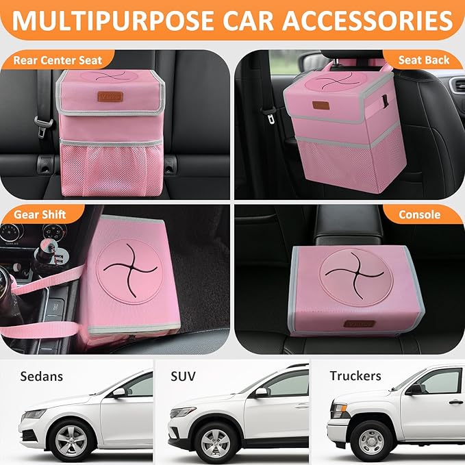 Vankor Pink Car Trash Can Cute, Pink Car Accessories for Women Waterproof Automotive Garbage Cans Leak Proof Vehicle Trash Can