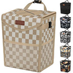 Pritent Car Trash Can with Lid, Cute Leakproof Car Trash Garbage Bag Hanging Vehicle Trash Bin Small Portable Automotive Garbage Cans Organizer for Back/Front Seat(Trapezoid,Khaki Checkered)