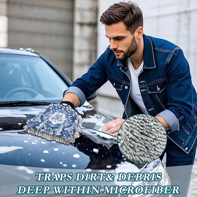 Kigai Antique Arabesque Car Wash Mitt 2PCS Ultra Absorbent Chenille Microfiber Car Washing Glove Scratch Free Lint Free Wash Sponge Auto Cleaning Glove, 11.8x8.1 inch
