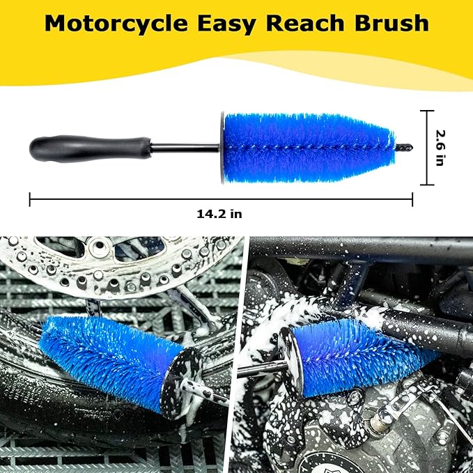 focopot Motorcycle Cleaning Kit 6 Pack with Easy Reach Brush,Tire Brush,Wool Wash Mitt,Chain Brush,Detailing Brush and Microfiber Towel for Cleaning Motorcycle Mudguard,Rims,Exhaust,Frame