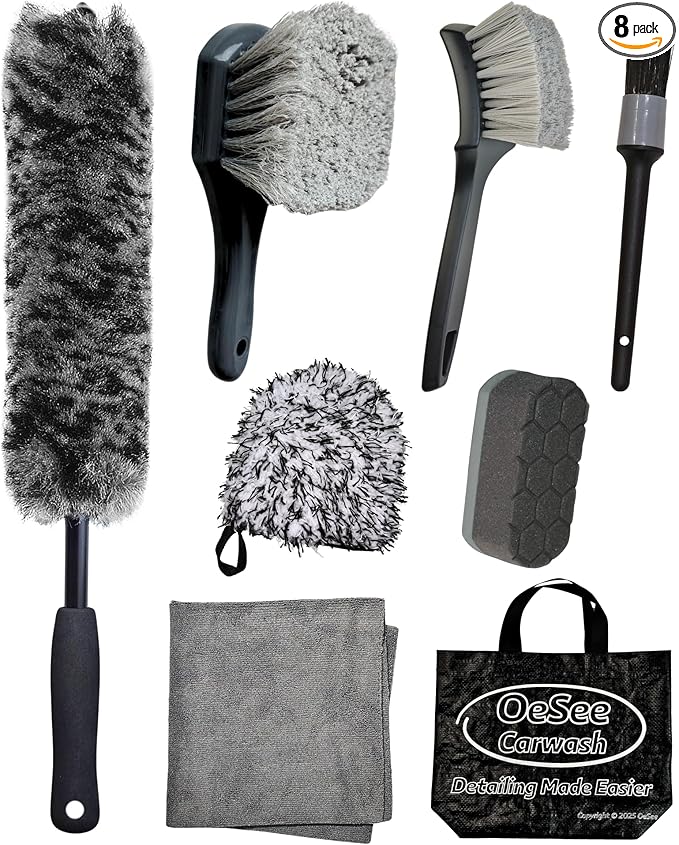 oesee 8PCS Pro Wheel Cleaning Kit - Woolies Brushes, Detailing Brush, Tire Brush, Wash Mitt, Drying Towel & Carry on Bag - Scratch-Free Rim Cleaning Kit