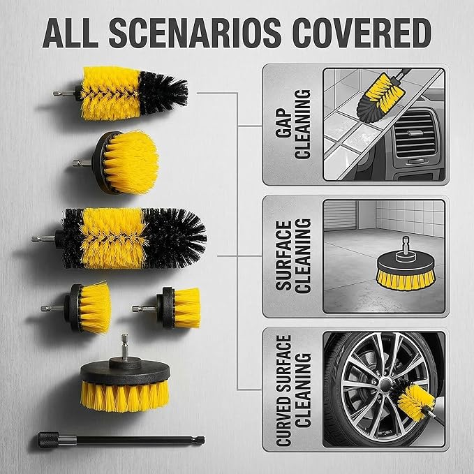 7-Piece Drill Brush Attachment Set, Multi-Purpose Power Scrubber Kit with Extension Rod – Nylon Bristle Brushes for Car, Bathroom, Tile, Grout Cleaning (Fits Most Handheld Drills)