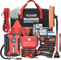 Car Emergency Safety Kit Bag with Portable Air Compressor, Jumper Cables,First Aid Kit, Winter Vehicle Roadside Emergency Kit with Snow Brush and Ice Scraper, for Women, Men, Teen