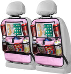 LUCMO Car Backseat Organizer with Touch Screen Tablet Holder-2 Pcs,9 Storage Pockets Car Storage Organizer Protectors Kick Mats Travel Accessories for Kids-Pink