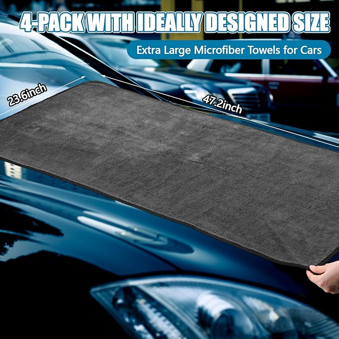 Tegeme 4 Pack Extra Large Car Drying Towels 48" x 24" Microfiber Towels for Car Detailing Ultra Absorbent Cleaning Cloth Without Streaks, Water Spots, Scratches for Trucks, Boat
