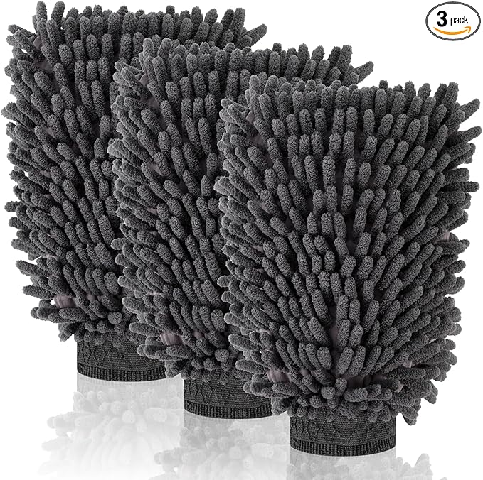 3 Pack Chenille Microfiber Car Wash Mitt, 7" x 9.6" Car Washing Mitts, Home Dusting Gloves, Scratch Free Lint-Free, Highly Absorbent, Double Sided, for Cleaning Detailing Polish (Grey)