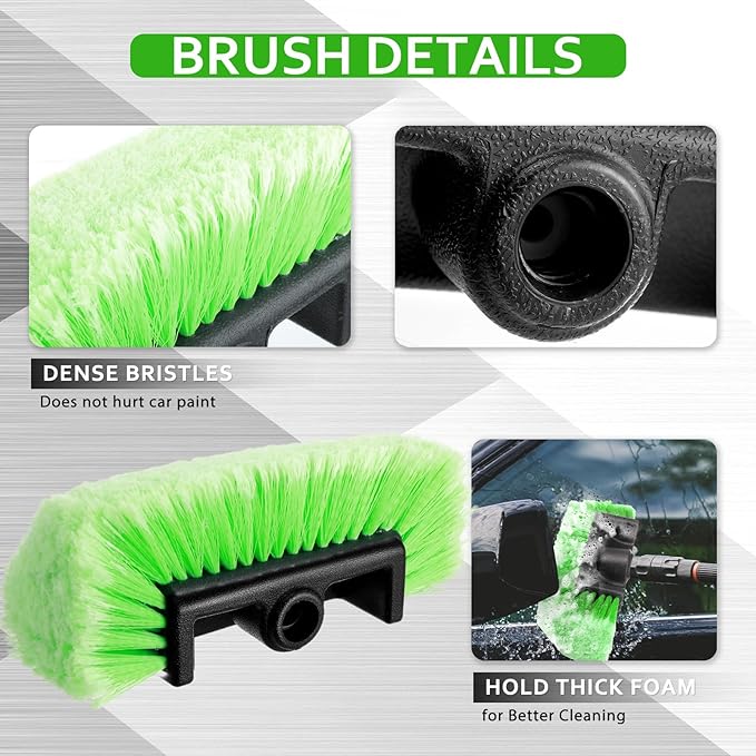 Vesici 2 Pcs 10 Inch Car Wash Brush Head with Soft Detailing Bristle Flow Through Car Cleaning Brush with 1 Pcs Stiff Bristle Wheel Brushes for Motorboat Rv Facades of Houses Wheel Carpet (Green)